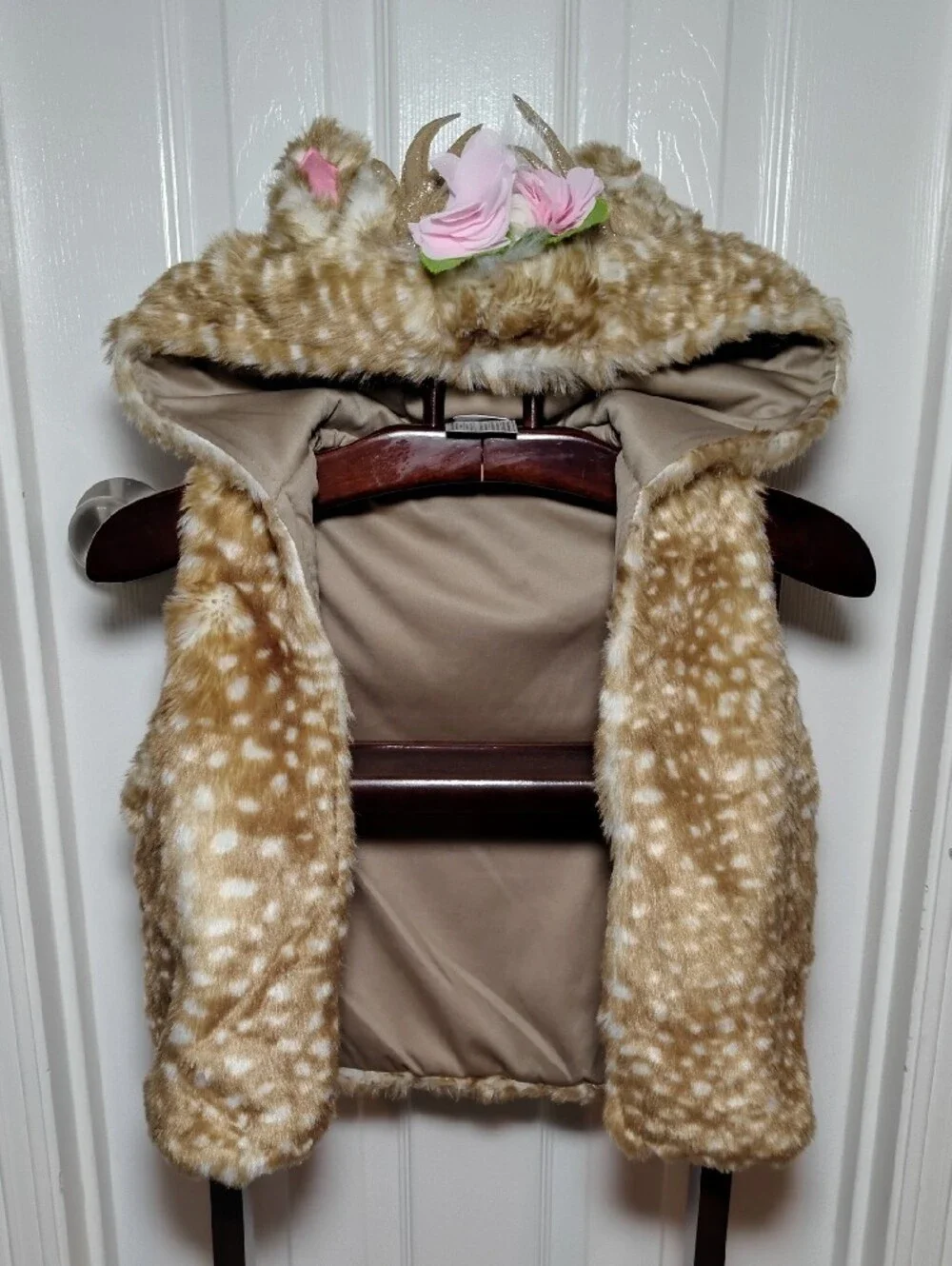 Kids Small Spirit Faux-Fur Fawn Hooded Vest Flowers Halloween Winter Christmas